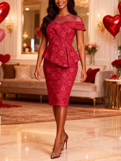 Vestido midi de peplum ajustado de estilo vintage con jacquard rojo elegante para mujer, vestido de cóctel de primavera para fiestas