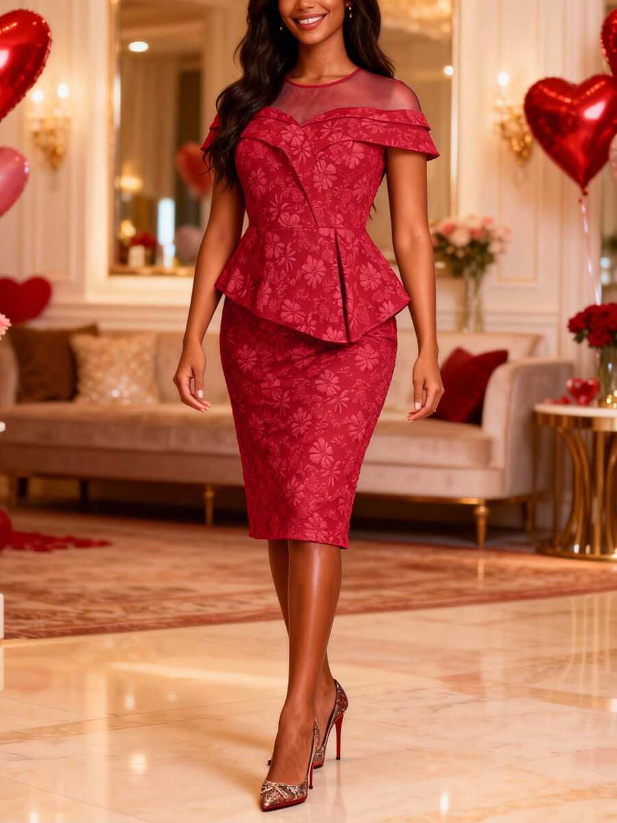 Women's Elegant Jacquard Vintage Fitted Mid-Length Ruffle Hem Dress, Suitable For Valentine's Day. Women's Spring Cocktail Party Dress - Red - View 1