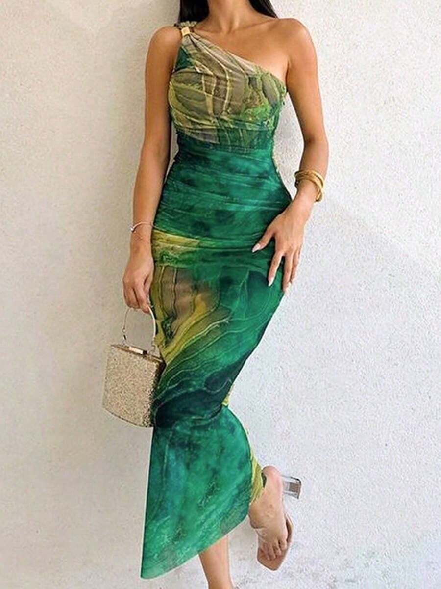 女士优雅不对称领口无袖褶饰开衩中长款鸡尾酒会连衣裙