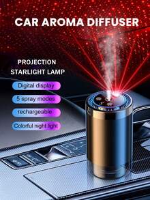 Smart Car Humidifier Set - 5 Working Modes, USB Car Automatic Aromatherapy Machine, Equipped With Projection Starry Sky Light, Mini Portable Cylindrical Car Air Freshener, Aromatherapy Essential Oil Diffuser, Adjustable Concentration, With Digital Display, Auto On/Off, Built-In Battery, Colorful LED Ambient Light Ring, USB Charging, Suitable For Car, Office, Bathroom, Bedroom, Pet Room, Includes 5 Types Of Essential Oils. - A - View 10
