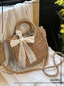 1 chiếc túi tote bằng rơm hình bán nguyệt rỗng thời trang, thích hợp cho kỳ nghỉ biển. - Màu Khaki - Xem 6