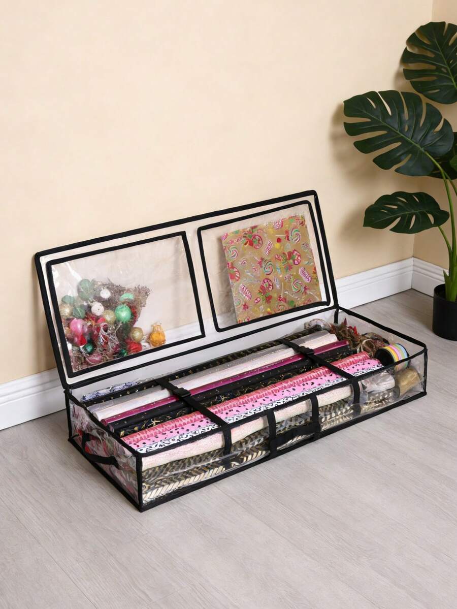 1个透明礼品包装纸收纳袋，带提手和拉链，可折叠防水礼品整理袋，黑色包边床底收纳袋，适用于各种尺寸的包装纸，透明PVC盒式容器，感恩节和圣诞节节日包装纸收纳袋