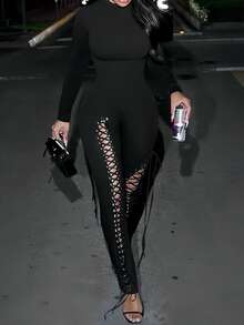 DOUCIU Lace-Up Women's Sexy Hollow Out Long Sleeve Jumpsuit Street Event Outfit - Black - View 5