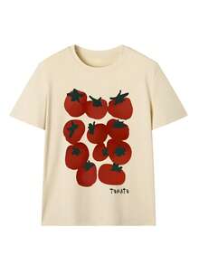 Summer New Women's "Tomato" Letter, Vegetable & Fruit Tomato Cherry Print Casual Loose Versatile Round Neck Beige Short Sleeve T-Shirt, Fashionable For Daily Wear - Apricot - View 2