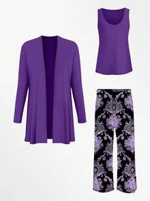 Plus Size Women's Fashionable Printed 3 Pieces Set Spring Elegant - Purple - View 4