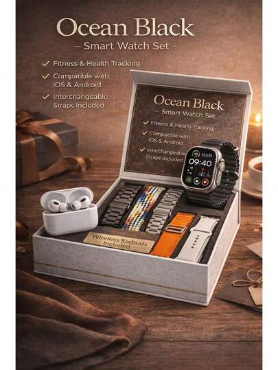 10-In-1 Smartwatch Bundle Gift Set – Includes 1 Smart Watch, Bluetooth Earbuds & 7 Band Options – Heart Rate, Sleep & Step Tracker, IP68 Waterproof Fitness Watch – Holiday Tech Gift