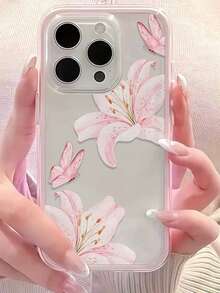 1pc Floral Butterfly Pattern Edged Transparent Full Coverage Shockproof Fashionable Phone Case, Compatible With IPhone 11 12 13 14 15 16 17 Pro Max - Multicolor - View 5