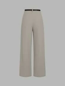 Mid-Rise Solid Color Elegant Straight-Leg Pants With Belt Spring - Apricot - View 4