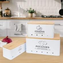 Kitchen Vegetable Storage Set Of 3, Metal Onion Garlic Potato Storage Set, Kitchen Canisters Vegetable Keeper Containers With Aerating Holes And Wooden Lid (White) - 白色 - 查看 8
