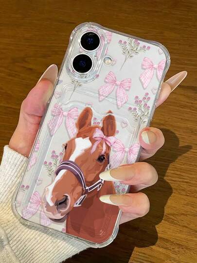 Bow & Horse Painted Transparent Card Holder Soft Silicone Full Body Protective Phone Case, Compatible With IPhone,Redmi