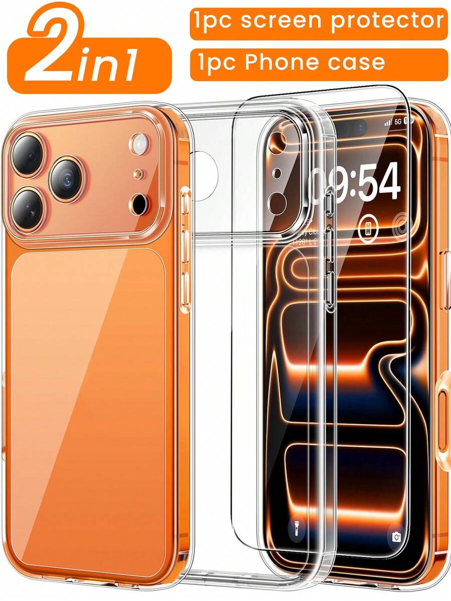 二合一套装 - 1 片钢化玻璃屏幕保护膜 + 1 个手机壳，兼容 17 Pro，屏幕保护膜完全覆盖摄像头，兼容 系列，防黄变，军规级防护，防震，超薄透明，完美的 情人节礼物，屏幕保护必备品，适用于日常、办公、居家使用。防水、防震、防摔、防刮擦。