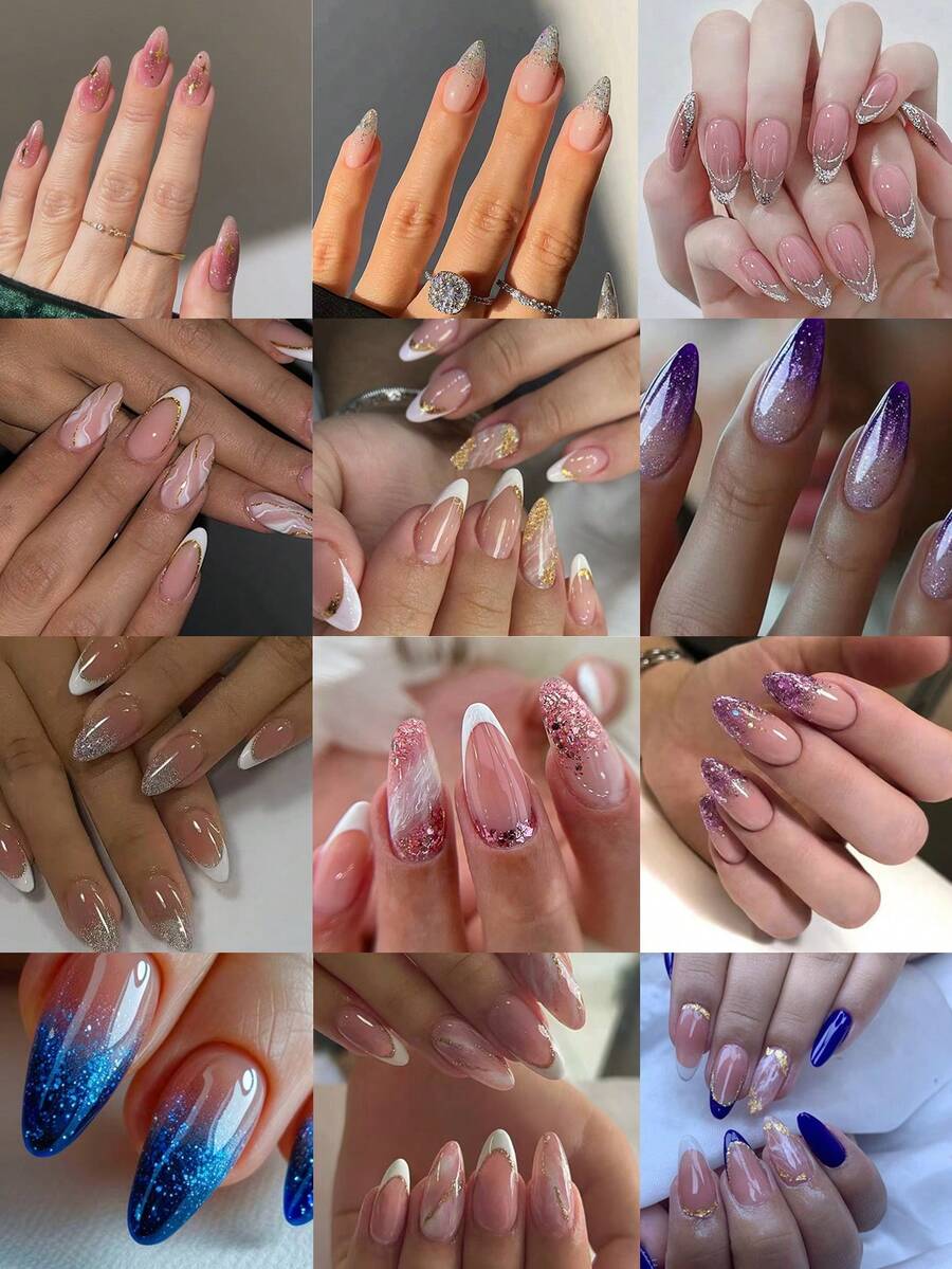 288片（12种混合款式）金色、蓝色、紫色、粉色闪光亚克力杏仁形法式美甲贴片，适合日常佩戴、派对和锐舞派对美甲用品 - 彩色 - 查看 1