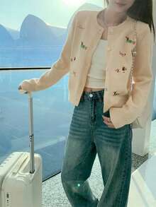 韩版休闲甜美刺绣圆领修身针织开衫 - 黃色 - 查看 2