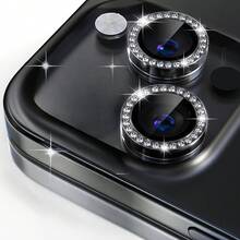 9H钢化玻璃相机镜头保护膜，带金属装饰环（黑色镶钻），兼容 11-15 Pro Max，全覆盖，防水，防震，防刮，防指纹 - 黑色 - 查看 9