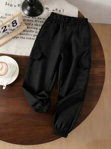 1 pieza Pantalones cargo casuales con cintura elástica personalizados para niñas, versátiles y cómodos, para todas las estaciones - Negro - Ver 2