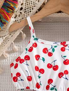 Rochie de vacanță casual fără mâneci, cu imprimeu de cireșe, pentru fete tinere, cu talie goală, albă, de vară - alb - Vizualizare 5