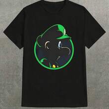T - Shirt With Video Game Character Probably Luigi Print Casual PrintComfortable And VersatileLetter Pattern Pure Cotton - 黑色 - 查看 1