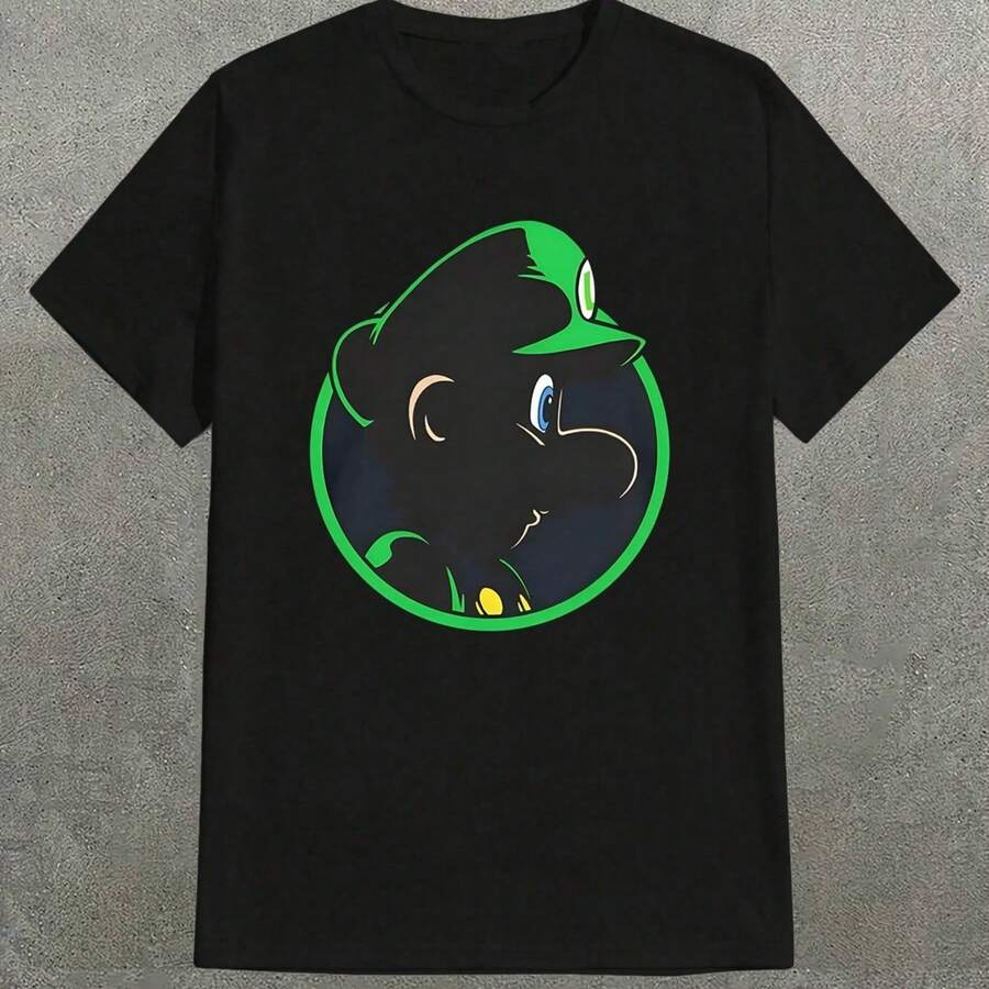 T - Shirt With Video Game Character Probably Luigi Print Casual PrintComfortable And VersatileLetter Pattern Pure Cotton - 黑色 - 查看 1