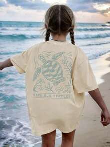 少女休闲印花圆领短袖T恤，夏季上衣 - 杏色 - 查看 8