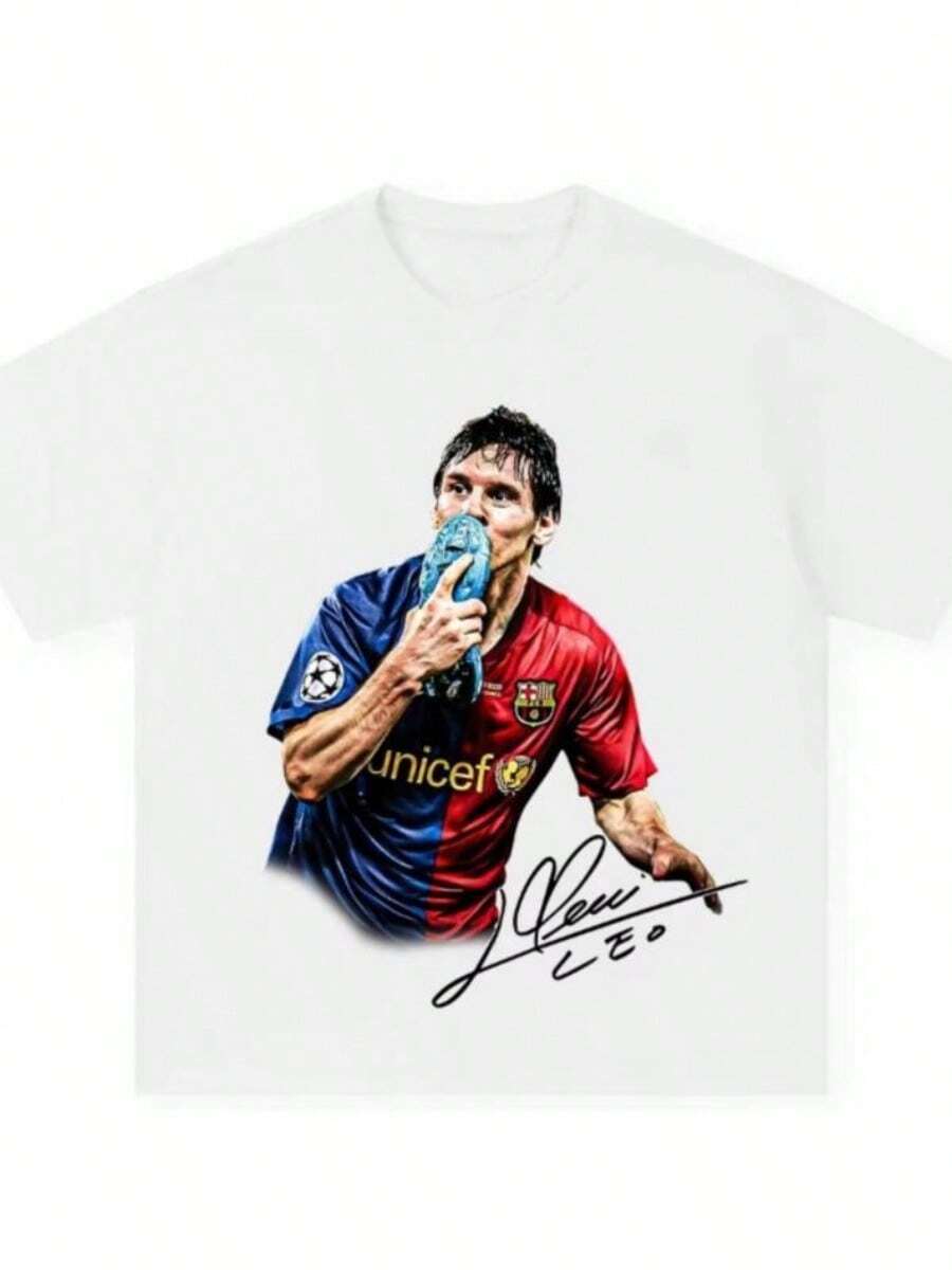 2026 Messis Messis Barcelona American Football Vintage Print Loose Fashion Brand Personality Cotton Short Sleeve T-Shirt Women Men - 白色 - 查看 1