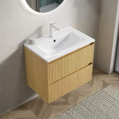 DAVE 61cm Wandmontie Badezimmer-Waschtisch Mit Weißes Rechteckigem Keramik-Unterbauwaschbecken, Gestreifter Sperrholz Schrank Mit 2 Schubladen, Vormontiert, Collora Holzmaserung Farbe