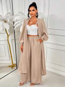 AIJ Amarilo Ladies' Longline Coat And Wide-Leg Pants Two Pieces Set - Casual, Elegant & Romantic Style, Solid Color Design, Suitable For Daily Wear And Holiday Trips - Khaki - View 3