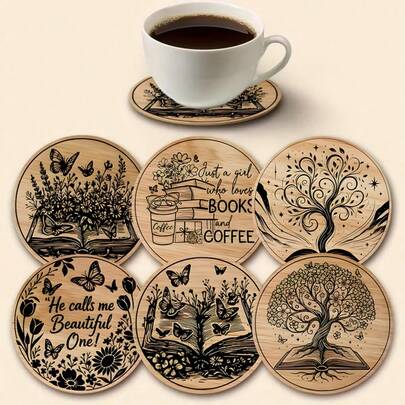 6件套 - 精致咖啡杯垫，圆形木质杯垫 - 生命之树 - 蝴蝶 - 书籍图案，复合木质杯垫，适用于咖啡杯和茶杯，阿拉伯风格派对装饰，家居和餐桌装饰，理想的派对礼物
