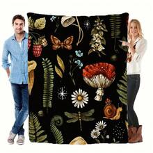 Whimsical Botanical Pattern Black Blanket With Red White Spotted Mushroom, Snail, Dragonfly, Flowers & Raspberries - Two People Design, Perfect For Picnics, Decor, Or Gift - 白色 - 查看 4