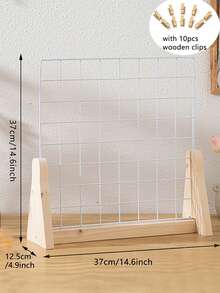 1pc Grid Tabletop Display Rack, Wooden Grid Display Shelf, Portable Desktop Metal Grid Wall Mount Rack With Wooden Base, Comes With 10 Clip-On Display Units, For Displaying Retail Handicrafts, Art Drawings, Photos, Art Room Decor - One Size - View 3