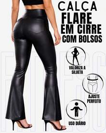 Calça Flare Bailarina Em Cirre Imita Couro Brilho Fosco Cintura Alta Com Bolsos Elegante Casual WOLFOX Feminino - Preto - Visão 1