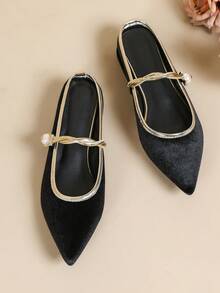 Women's New Pointed Toe Low Heel Mules, Fashionable Slip-On Mary Jane Shoes - Black - View 7