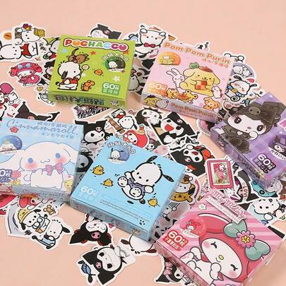 SANRIO 时尚卡通动漫三丽鸥手账贴纸，创意三丽鸥可爱卡通女孩贴纸套装，礼盒装，自行车装饰贴纸