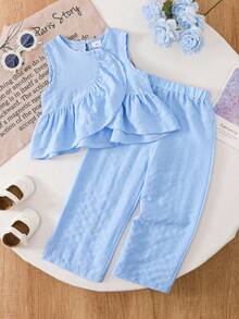两件套男/女婴套装 | 浅蓝色无袖荷叶边上衣 + 柔软长裤 | 夏季透气休闲装 - 藍色 - 查看 1