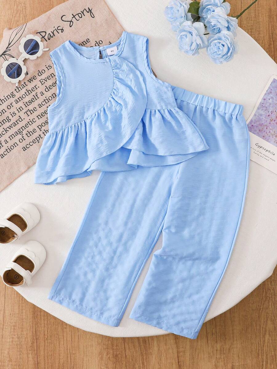 两件套男/女婴套装 | 浅蓝色无袖荷叶边上衣 + 柔软长裤 | 夏季透气休闲装 - 藍色 - 查看 1