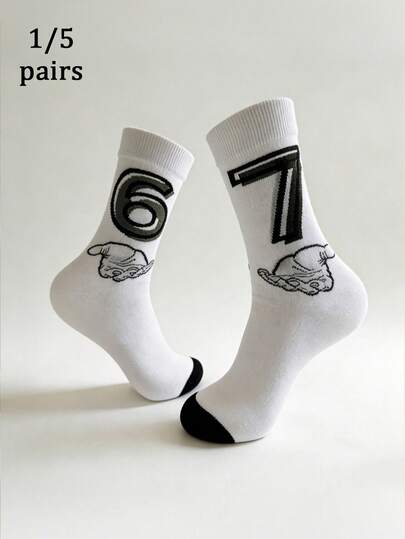 1/2/5 Paar kreative unisex Knöchelsocken mit Ziffern "6/7" und Handgesten Motiven, avantgardistische Herrensocken, retro Harajuku "Sechs Sieben" Hip-Hop Stil Socken, geeignet für den täglichen Gebrauch, weiße Socken, Damensocken, geeignet für junge Leute, ganzjährig Lässig zu tragen