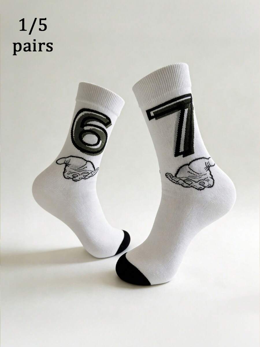 1/2/5 双装中筒创意男女通用袜，印有“6/7”数字和手势图案，前卫男士袜，复古原宿“六七”嘻哈风格袜，适合日常穿着，白色袜子，女士袜，适合年轻人，四季皆宜休闲穿着 - 彩色 - 查看 1