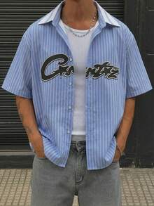 男士字母条纹短袖休闲赛车风撞色领单排扣衬衫，利落落肩廓形街头风上衣 - 彩色 - 查看 2