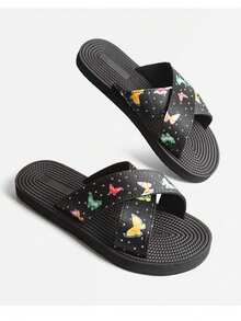 女士优雅蝴蝶交叉绑带拖鞋，昆虫印花，时尚别致，适合海滩、派对、所有季节 - 黑色 - 查看 6