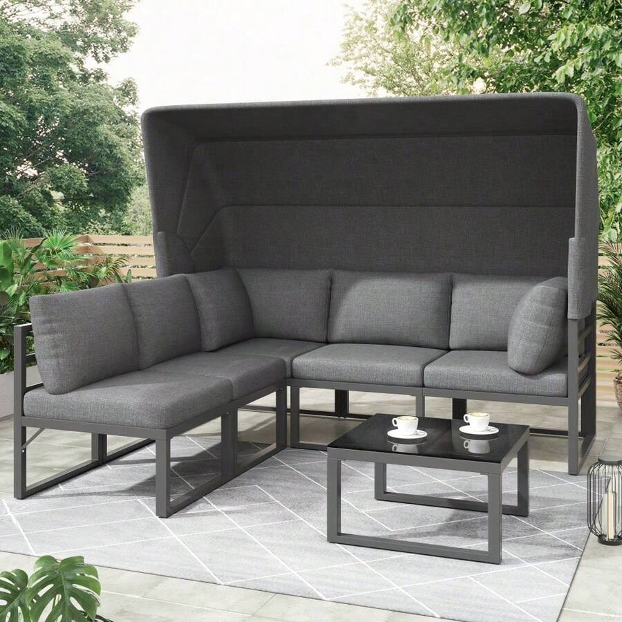 Garten Loungesessel Set, Iron Sunny Island Sitzgruppe Hocker und Tisch mit Markise 4er Set Balkon und Garten Loungemöbel Terrassenmöbel Wetterfest Grau Inkl. aller Kissen(previous sku:HW24006AAA) - Standard - Übersicht 1
