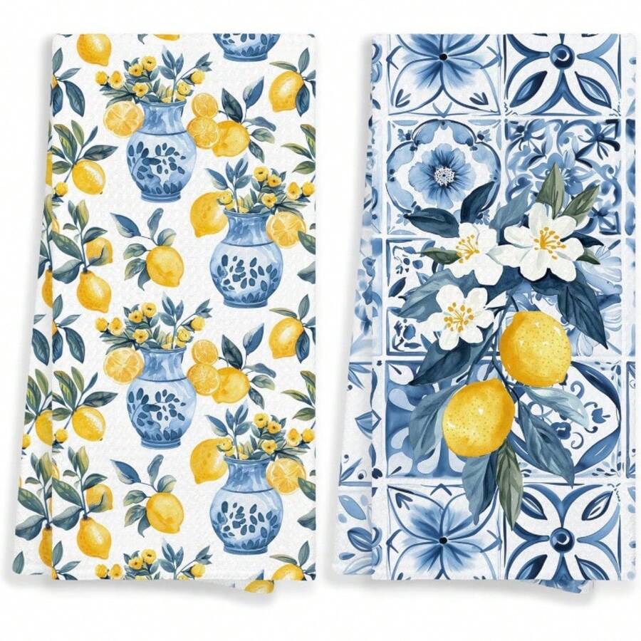 2pcs Italian Lemon Kitchen Towels - , Vibrant Lemon & Floral Design, Durable Polyester, Machine Washable, Perfect For Bathroom & Kitchen Decor - Multicolor - View 1