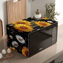 1pc Sunflower Print Microwave Dust Cover, 30cm*90cm, Decorative Dust Cover, Flat Printing, Linen Material, Non-Waterproof, With Side Pocket, Home Decor, Appliance Protection, Easy To Use And Clean