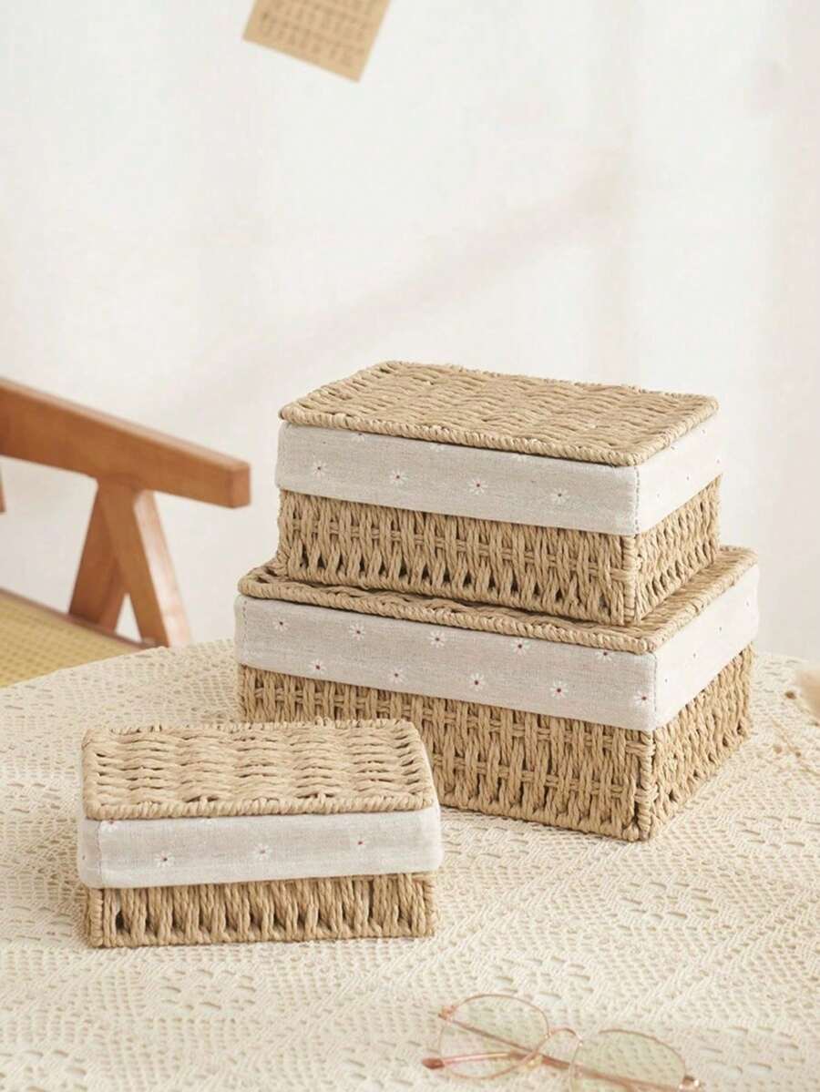 1个/2个/3个装编织收纳篮，带盖，适合存放化妆品、钥匙、零食等，适用于客厅、走廊、家居装饰、工艺品盒、婚礼礼品篮，也适合开学季使用。