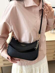 New Fashion Classic Versatile Letter Graphic Decor Solid Color Waterproof PU Fabric Shoulder Bag, Crescent Bag, Underarm Bag, Suitable For Shopping, Can Be Worn Crossbody.Crescent Bag For Summer, Suitable For Beach Vacation, Back To School Season, Women Wallet. - 黑色 - 查看 7
