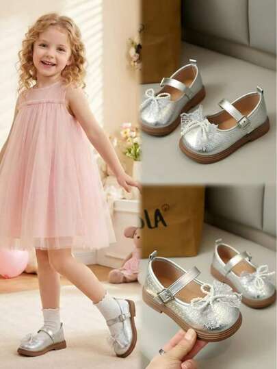 1双银色优质PU网布拼接装饰珍珠蝴蝶结可爱儿童平底鞋，复古纯色简约圆头时尚女童鞋，透气橡胶厚底防滑，便捷魔术贴设计，适合搭配公主裙和背带裙，适合3-13岁女学生日常校园生活、购物、生日派对、假期穿着，2026春夏新款