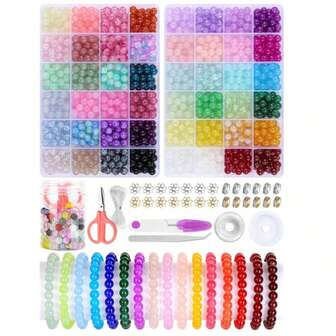 200pcs/600pcs/1200pcs 8mm Round Glass Beads Jewelry Making Kit, For Handmade DIY Bracelets, Necklaces, Earrings, Phone Straps, Jewelry Crafts