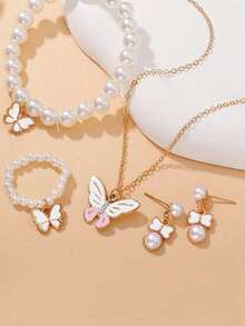 Jewelry Set Pearl Bracelet Ring Cute Drip Oil Butterfly Necklace Earrings Female