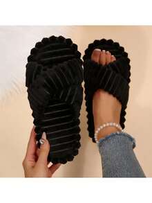 女士露趾记忆棉拖鞋，交叉绑带设计，秋冬季室内毛绒拖鞋