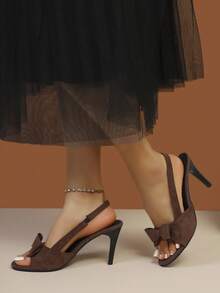 Girl's Elegant Brown Pointed Toe High Heel Sandals, Fashionable Bow Backless Party & Commute Shoes, Solid Color Versatile High Heels, French Sweet Style Versatile, Suitable For Vacation, Shopping, Nightclub, Prom, Spring/Summer - Brown - View 3