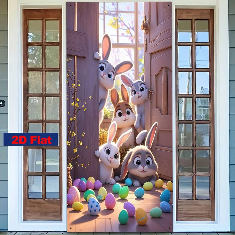 1 bucată, lățime cu mesajul "Paște fericit" și "Bun venit" - pânză pentru banner 2D, perdea de ușă, banner de perete și aranjamente pentru ferestre pentru camera porții și diverse scene din care puteți alege.