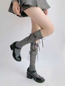 1双优雅芭蕾舞风格蕾丝流苏女士长筒袜，带蝴蝶结装饰 - 透气时尚，适合春夏穿着，涤纶混纺，可爱袜子，学院风JK绒面袜 - 彩色 - 查看 1